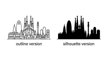 Barcelona Skyline: A striking graphic representation showcasing the iconic architectural landmarks of Barcelona, presented in both an outline and silhouette version for versatile design applications. © Al