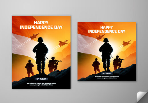Editable Happy Independence Day Social Media Post Template Collection with Indian Flag, Brave Soldier Silhouettes, Fighter Aircraft Flying Across Sunny Sky, Patriotic 15th August Celebration Greeting 