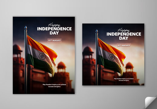 Editable Happy Independence Day Social Media Greeting Post Template Set with Waving Indian Flag and Blurred Red Fort Background for 15th August Celebration.