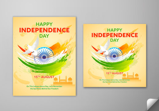 Editable Happy Independence Day Social Media Greeting Post Template Set with Indian Tricolor Brush Stroke, Ashoka Wheel and Flying Pigeon on Pastel Yellow India Map Background.