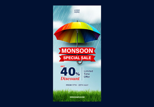 Editable Monsoon Special Sale Half Page Banner Design with Colorful Umbrella in Rainfall and Grass Background.