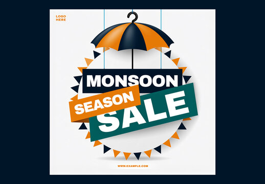Editable Monsoon Sale Social Media Post Template Design with Circular Frame Decorated by Bunting Flags and Umbrella on White Background.