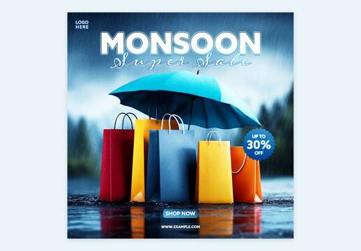 Editable Monsoon Super Sale Social Media Post Template Design with Up to 30 Percent Off and Colorful Shopping Bags Under Umbrella in Blue Rainfall Background.