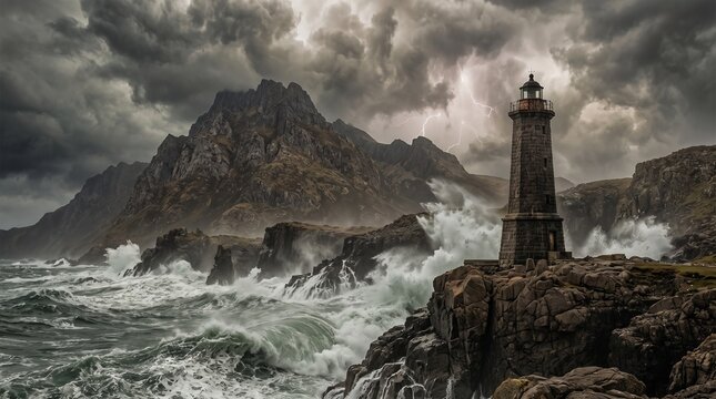 Majestic stone lighthouse stands firmly upon a rugged coastal cliff edge while powerful ocean waves crash violently against the dark rocks during a dramatic thunderstorm with bright flashes 