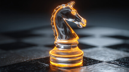 Naklejka premium glowing glass chess knight piece standing on a chessboard with neon pink lighting representing strategy business and competition concept