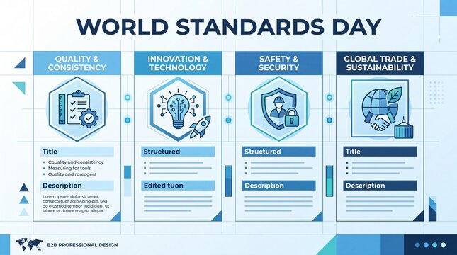 Professional infographic layout showcasing key principles for world standards day corporate business strategy presentation design with global sustainability standards