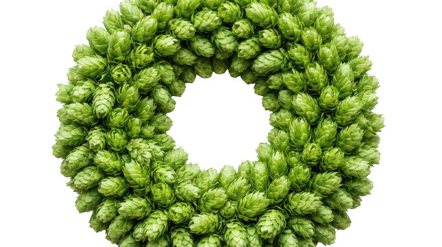 Circular wreath made of green hop cones, natural decorative element for brewing or crafts, arranged on transparent background.