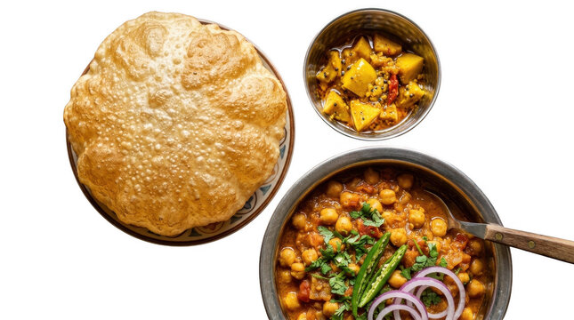 Delicious Indian curry with fluffy puri bread chana masala and mango pickle served in traditional bowls isolated on transparent background.