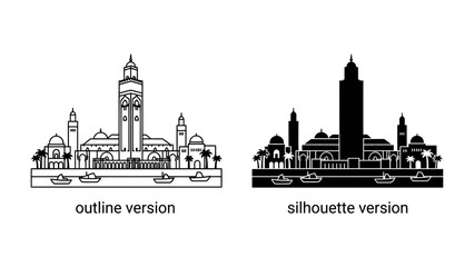 Casablanca Skyline Illustration: A striking illustration presents the iconic skyline of Casablanca, featuring the Hassan II Mosque in both an outline and silhouette version. © সৈয়দ আল আমিন