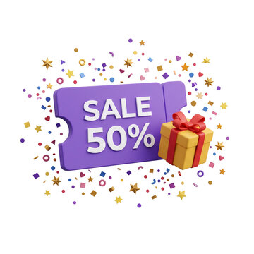 Floating promotion bundle sale tag with 50% off gift box isolated on transparent background