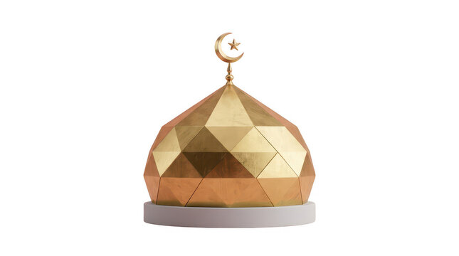 Golden geometric mosque dome with crescent moon and star on top, representing islamic architecture and religious structure.