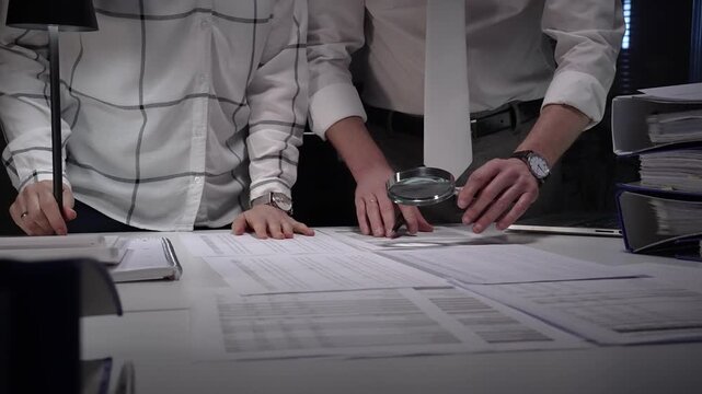 Business people collaborating on a late financial audit, scrutinizing company documents and evidence with a magnifying glass to detect fraud and compliance issues