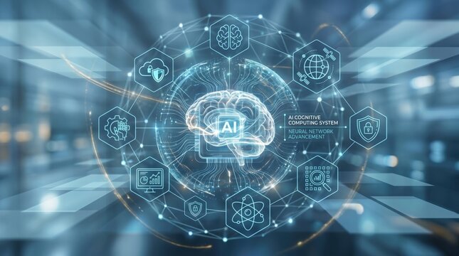 AI Cognitive Computing System, Artificial Intelligence Brain Network, Neural Connection Concept, Digital Technology Background, Futuristic Data Processing, Machine Learning Algo...