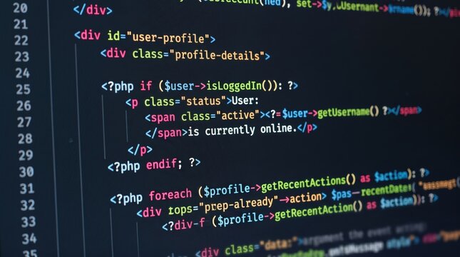 PHP HTML Code Programming Screen, Web Development Source Code, Software Engineering Syntax, Computer Language Script, Digital Coding Interface, Backend Logic Structure, User Pro...