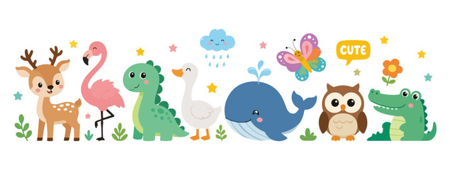 Fototapeta premium Cute cartoon animals character set vector illustration