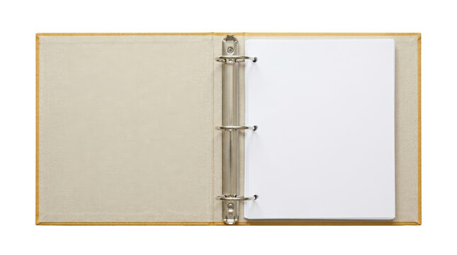 Opened brown three ring binder with empty white paper for notes or drawings on transparent background, top view.