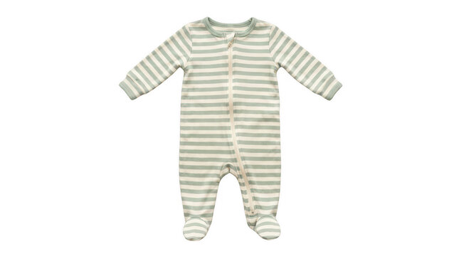 Baby sleeper with zipper closure, soft cotton long sleeve romper in green and white stripes on transparent background.