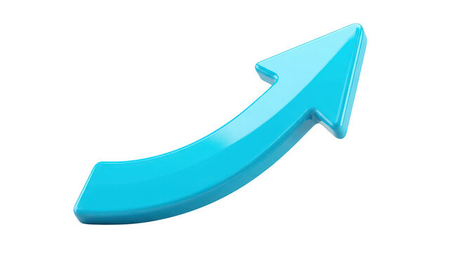 Glossy cyan blue 3d curved arrow pointing upwards isolated on transparent background perfect for business growth marketing concepts.