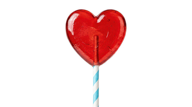 Red heart shaped lollipop on blue and white striped paper stick isolated on transparent background sweet candy treat for valentines.