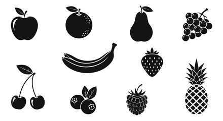 Black and white fruit icons on plain background with including apples bananas bananas berries arranged collection ten black blackberries illustration © Kamola