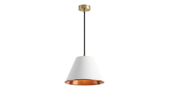 Elegant white and copper pendant light with a conical shade, suspended from a gold ceiling fixture on a black cord.