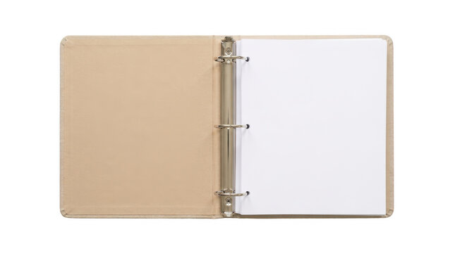 Open beige fabric binder with blank white paper pages, two metal rings, clean layout, isolated on transparent background.