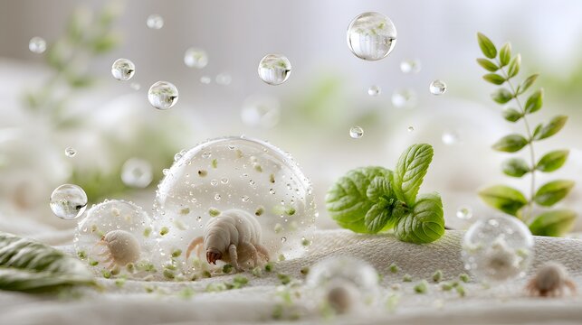 Mites and herb leaves clinging to water droplets