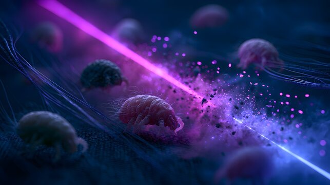 A scene of swarms of mites writhing in the darkness amidst the glow of neon pearls.