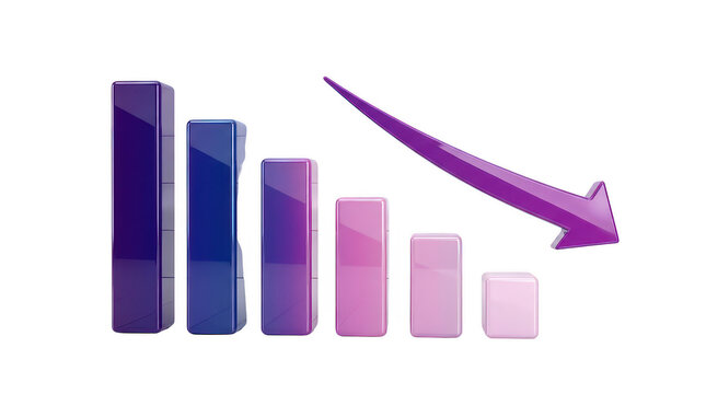 Business bar graph declining chart with purple glossy columns and downward arrow isolated on transparent background data trends.