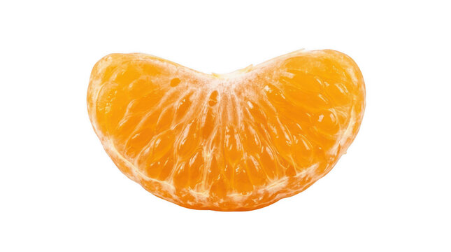 Single fresh peeled mandarin orange segment showing juicy pulp and membrane structure isolated on white background for food design.