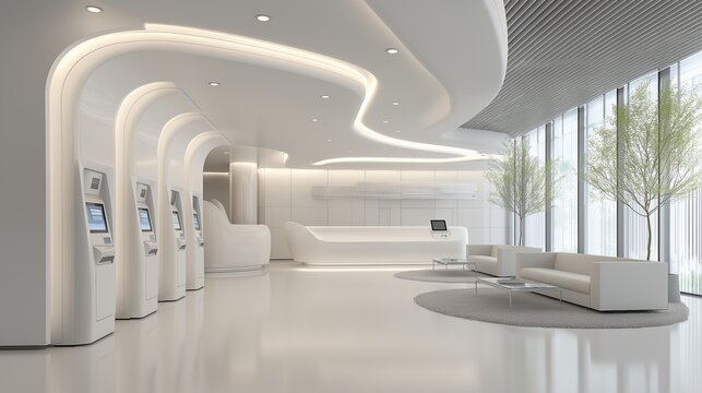 Futuristic hospital ward with robotic assistance arms and AI medical screens