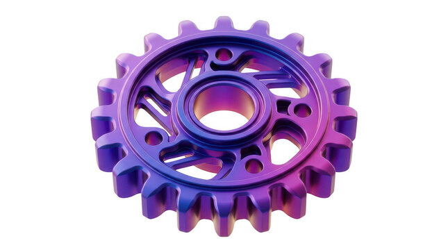 3d render of detailed metallic gear with intricate designs and vibrant purple blue gradient colors.