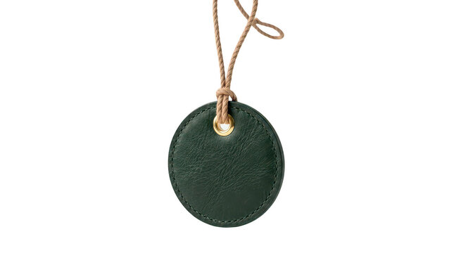 Circular dark green leather luggage tag with brass eyelet and rope cord isolated on transparent background for retail branding.