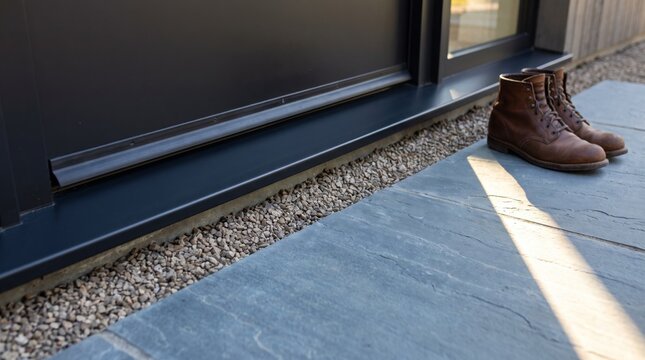 Sealed door threshold and gravel border protecting a home from embers