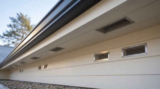 Ember-resistant mesh vents along the soffit of a fire-hardened roof eave