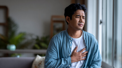 Fototapeta premium emotional portrait of asian man standing near window lost in deep thoughtful moment