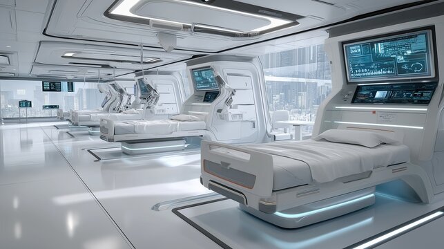 Futuristic hospital ward with robotic assistance arms and AI medical screens