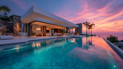Fototapeta premium elegant poolside villa with orange sunset sky and mountain backdrop in desert landscape