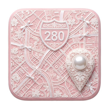 Square app icon with floral lace design, pearl, and 280 shield isolated on transparent background