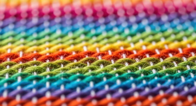 Colorful woven fabric with rainbow pattern in close up detail