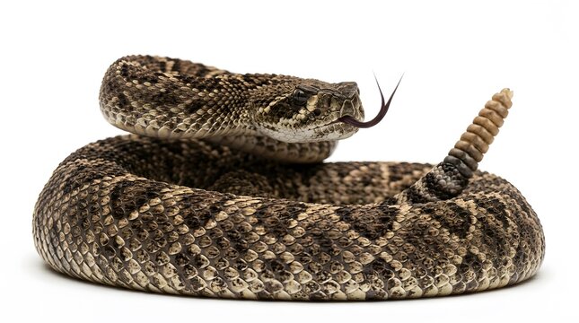 A dangerous coiled rattlesnake with scales and a rattling tail ready to strike with its tongue out in a defensive pose