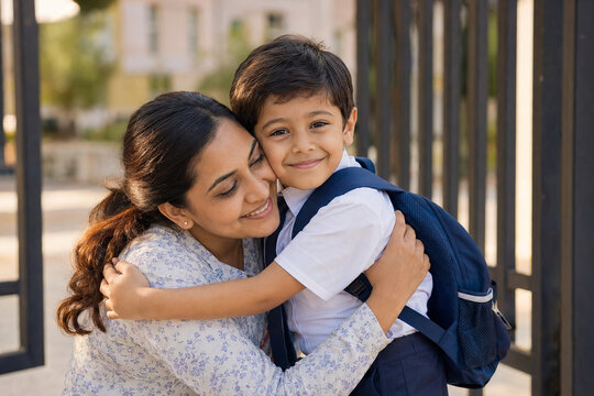 Mother and son embracing at school a heartwarming photo with blurred background parent child family