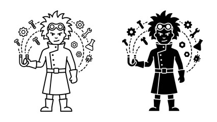 Steampunk Inventor: A dynamic illustration of a mad scientist in steampunk attire, holding a test tube and surrounded by gears, tools, and flasks, signifying innovation and experimentation.