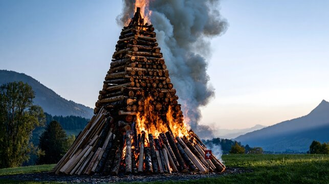 Traditionelles Schweizer H&ouml;henfeuer zum 1. August in den Alpen