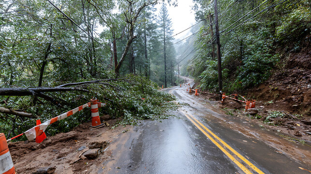 natural disaster aftermath with muddy dirt road and fallen logs in mountain forest