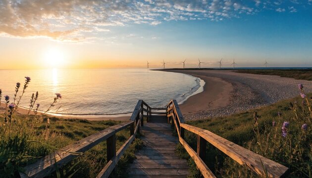 Wooden stairs leading to a sandy beach at golden sunset hour