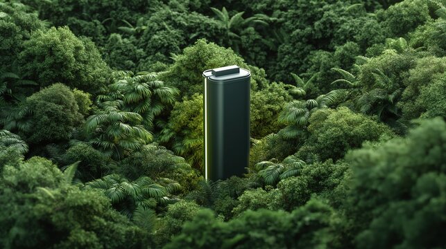 Green energy battery floating over lush forest, renewable concept
