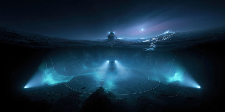 Underwater technology deep sea ocean night futuristic glowing light sonar science mystery exploration scene combines underwater technology deep sea glow and mysterious night mood