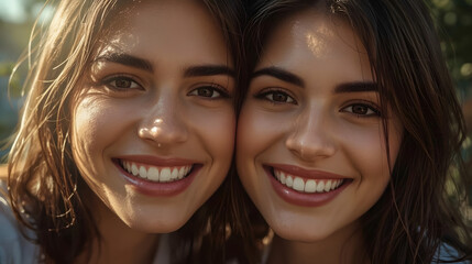 Fototapeta premium Close-up portrait of two beautiful young women with radiant smiles posing together outdoors in natural sunlight.