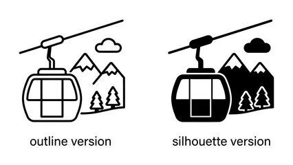Cable Car Over Mountains: A graphic representation of a cable car ascending a mountain range, showing both outline and silhouette versions, perfect for travel and adventure themes. © bittv